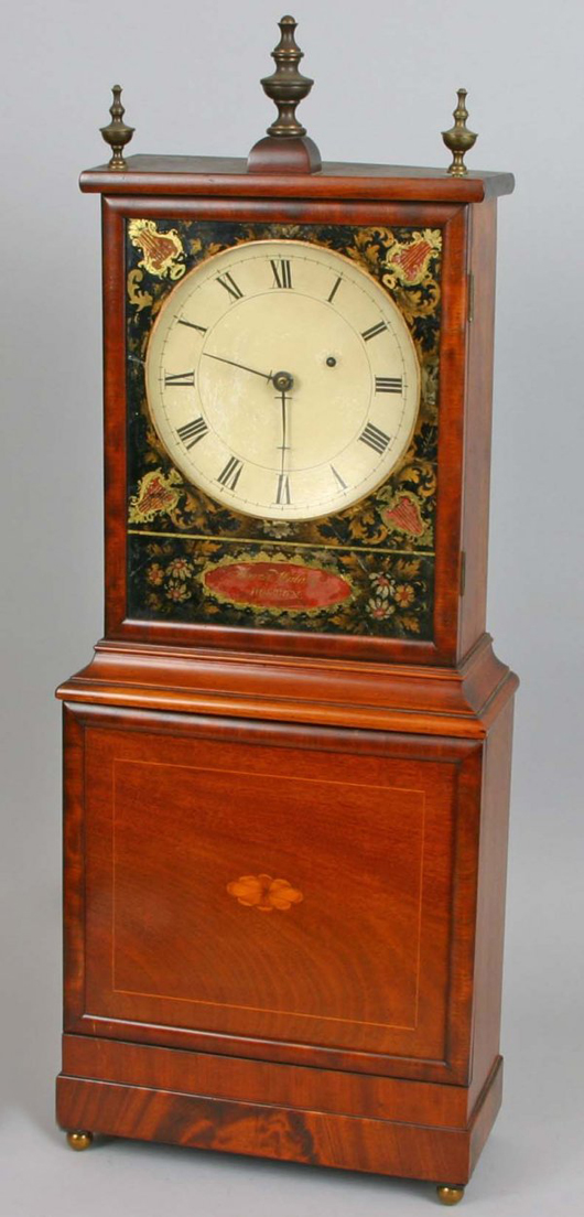 Frank G. Allen, a Republican who served one term as Massachusetts governor during the Great Depression, owned this mahogany Aaron Willard shelf clock. It is expected to bring $10,000-$15,000. Image courtesy of Carl W. Stinson Inc.