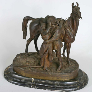 A cossack, his woman and his horse are grouped in this Russian bronze by L. Gratchev. Marked ‘Fabr. C. F. Woerffel St. Petersburg,’ the bronze has an $8,000-$10,000 estimate. Image courtesy of Carl W. Stinson Inc.