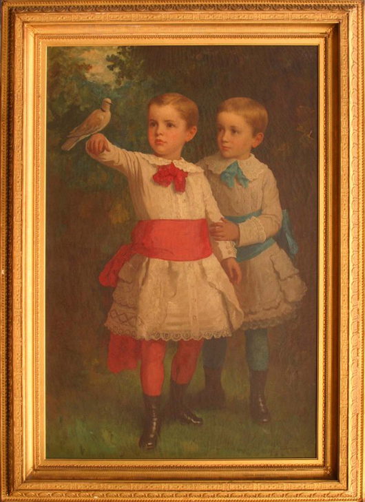Maine native Eastman Johnson (1824-1906) painted this large portrait of William Watson Caswell and John Caswell in 1878. In excellent condition except for yellowed varnish, the painting is estate fresh. It has a $20,000-$30,000 estimate. Image courtesy of Carl W. Stinson Inc.