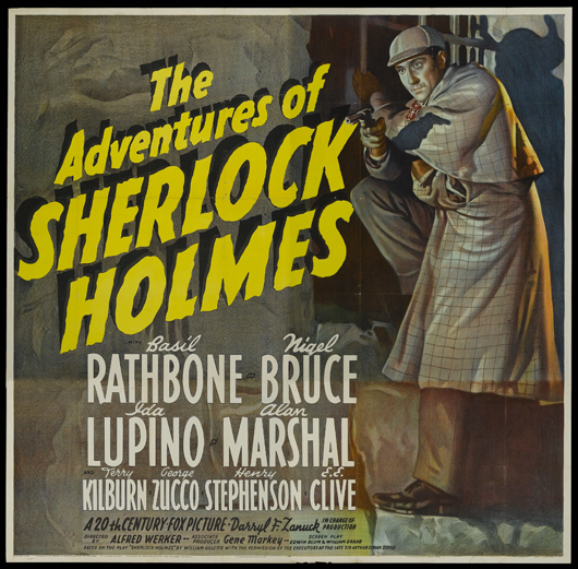 Basil Rathbone and Nigel Bruce as Holmes and Watson received top billing in ‘The Adventures of Sherlock Holmes’ (1939). The rare six sheet poster for the film was sold by Heritage in March 2007 for $31,070. Image courtesy of Heritage Auctions.