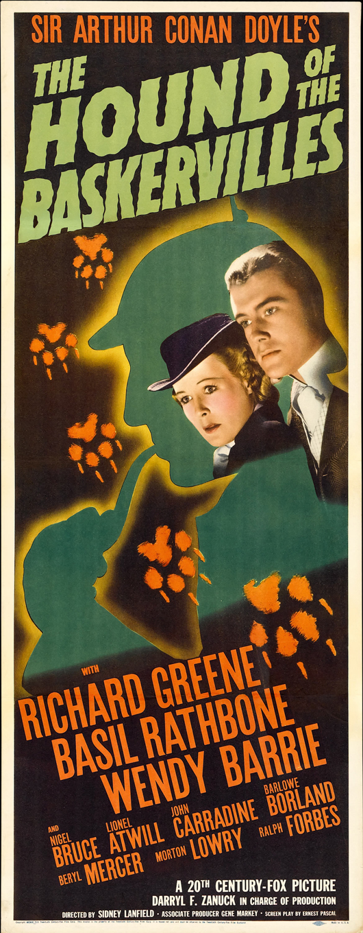 Basil Rathbone made his first appearance as Sherlock Holmes in the 1939 film version of Arthur Conan Doyle's best known story, ‘The Hound of the Baskervilles.’ Heritage sold this poster in July 2008 for $10,755. Image courtesy of Heritage Auctions.