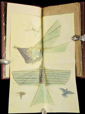 Thomas Walker’s ‘A Treatise Upon the Art of Flying’ is illustrated in this print, which folds out of the 1810 volume. The rare book measures 8 1/4 by 5 inches. Image courtesy of PBA Galleries.