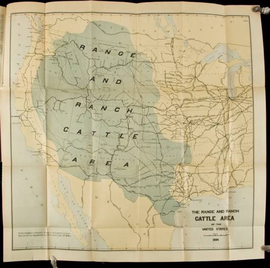 The map titled ‘Rage and Ranch Cattle Area,’ which is shaded green, encompasses much of the western half of the United States. It is contained in ‘Report on the Internal Commerce of the United States,’ published by the Government Printing Office in 1885. Image courtesy of PBA Galleries.