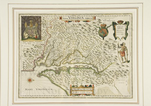 Willem Blaeu refined Jodocus Hondius Jr.’s 1618 map of Virginia and published it in Amsterdam in 1640. This copy may have been printed as late as 1655. The copper-engraved, hand-colored map measures 15 inches by 19 inches. Image courtesy of PBA Galleries.