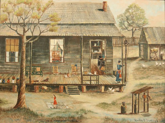 ‘Denner Time The Bradys’ by Rhoda Brady Stokes (Mississippi/Louisiana, 1902-1988) was recently discovered in a Southern estate. The framed oil-on-board painting is 22 3/4 inches by 28 3/4 inches, and has a $2,500-$3,500 estimate. Image courtesy Case Auctions.