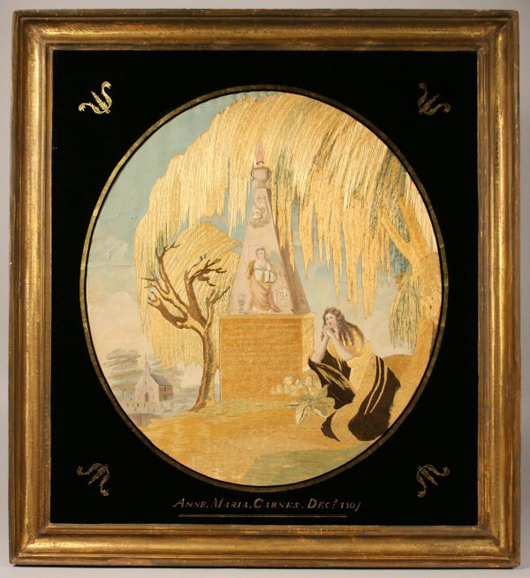 The Carnes family of Boston is memorialized in this circa 1805 silk needlework mourning picture, which measures 30 1/4 inches by 27 5/8 inches. In its original frame with eglomise glass, the mourning picture has a $3,000-$5,000 estimate. Image courtesy Case Auctions.