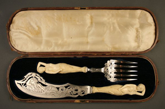This sterling presentation fish set with ivory mermaid handles is inscribed to Simon Cameron, Abraham Lincoln’s war secretary. The boxed set has a $1,200-$1,800 estimate. Image courtesy Case Auctions.