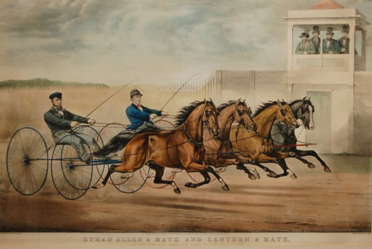 Crossing the Score: A Dead Heat, Currier & Ives, publisher/ E. Maurer, artist Ethan Allen & Mate, hand-colored engraving. Est. $400-$600. Image courtesy Housing Works.