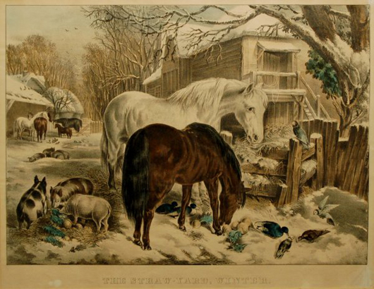 The Straw Yard-Winter, Currier & Ives, publisher, late 19th century, hand-colored engraving. Est. $400-$600. Image courtesy Housing Works.