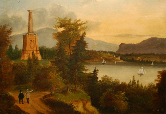 Hudson River at West Point, American School, mid 19th century, in the manner of William Henry Bartlett, oil on canvas. Est. $500-$700. Image courtesy Housing Works.
