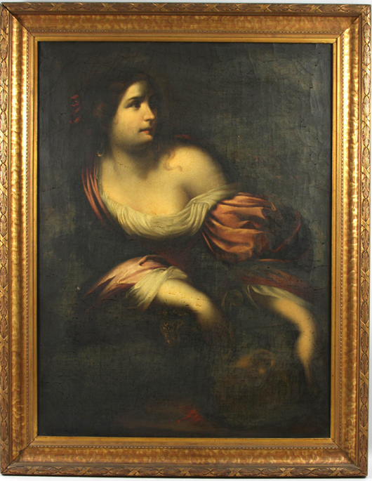 Judith with the head of Holofernes, artist unknown, oil on canvas, signature indistinct, 39½ inches by 29½ inches, est. $5,000-$9,000. Image courtesy of Kaminski’s.