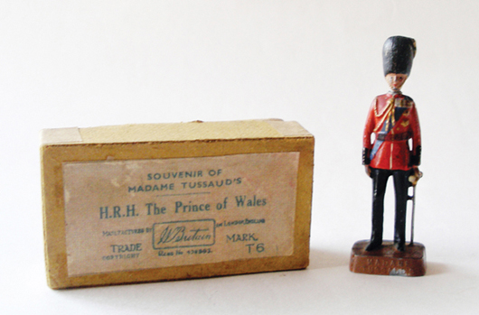 Extremely rare circa-1939 Britains H.R.H. The Prince of Wales in the uniform of the Welsh Guards, made under special commission for souvenir shop at Madame Tussauds, $2,360.