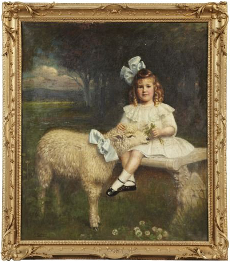 ‘Portrait of a Young Girl With a Sheep’ is signed and dated lower left ‘C. Eksergian 1906.’ The 54- by 47-inch oil on canvas painting has a $3,000-$5,000 estimate. Image courtesy New Orleans Auction St. Charles Gallery Inc.