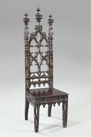 Probably made in New Orleans or New York, this American Gothic Revival oak chair is considered rare and important because of its place in plantations of the antebellum South. This fine example has a $20,000-$40,000 estimate. Image courtesy New Orleans Auction St. Charles Gallery Inc.