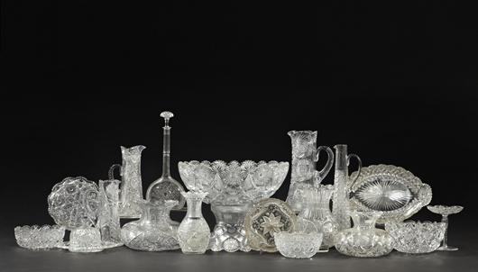 More than 50 lots of American Brilliant era cut glass will be auctioned. At the center is an early 1900s punchbowl on stand in the Hobstar and Comet pattern. The bowl, 19 inches in diameter, has a $300-$500 estimate. Image courtesy New Orleans Auction St. Charles Gallery Inc.