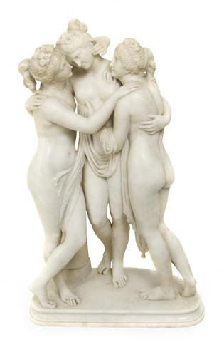 The Three Graces are carved in Italian white marble. The 33-inch-tall sculpture dates to the turn of the 20th century. It carries a $20,000-$30,000. Images courtesy Leslie Hindman Auctioneers.