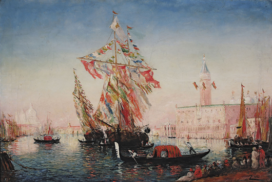 French artist Felix Ziem’s vivacious and energetic views of Venice are among his most coveted works. This signed oil on canvas, 24 1/4 inches by 36 1/4 inches, is in an elaborate frame, and has a $40,000-$60,000 estimate. Image courtesy of Neal Auction Co.