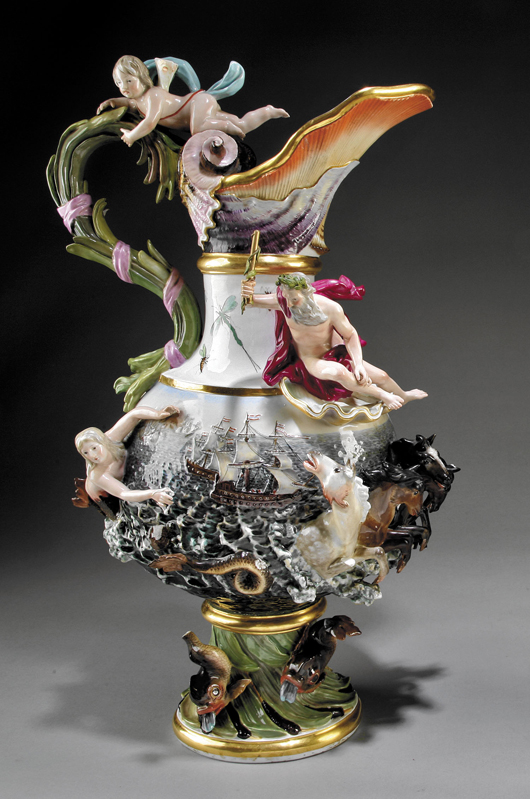 Water is the theme of this 19th-century Meissen polychrome and gilt-decorated porcelain ‘Elements’ ewer, which stands 26-inches high. With some restoration noted it is estimated at $3,000-$5,000. Image courtesy of Neal Auction Co.