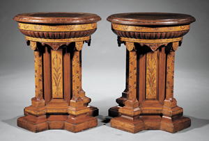 These rare American Modern Gothic carved and burl walnut pedestals, circa 1880, are attributed to Daniel Pabst of Philadelphia. The 27-inch-high pedestals are estimated at $6,000-$8,000. Image courtesy of Neal Auction Co.