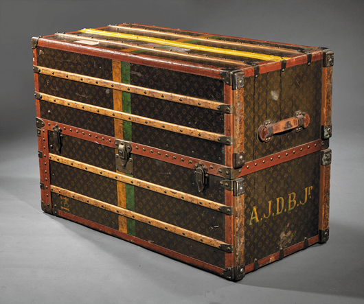 Maj. Gen. Anthony Joseph Drexel Biddle of Philadelphia traveled abroad with this early 1900s Louis Vuitton steamer trunk. The trunk, which measures 30 inches high by 44 inches wide and 21 1/2 inches wide, has a $2,500-$3,500 estimate. Image courtesy of Neal Auction Co.