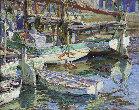Robert Wadsworth Grafton (American/Indiana, 1876-1936) used lush, thick brushwork to beautifully render the reflections of boats in the water in this Impressionistic painting of the New Orleans’ New Basin Canal. Signed and dated 1918, the 16- by 20-inch painting has a $20,000-$30,000 estimate. Image courtesy of Neal Auction Co.