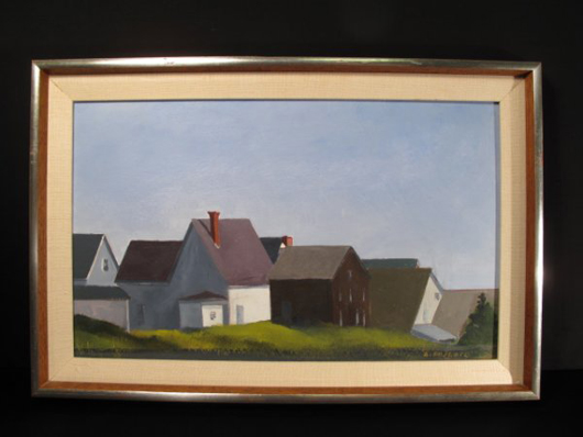 Massachusetts artist Anne Packard (b. 1933-), who is known for her seascapes, painted this depiction of saltbox houses on a sunny day. It sold at auction for $1,380.