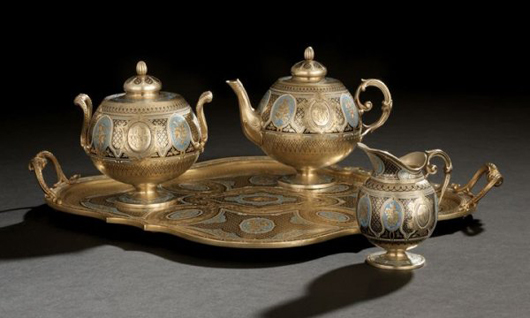 Estimated at $25,000-$40,000 is this rare French First Standard (.950) four-piece silver gilt and enamel 'a la Russe' tea set crafted by Jules Gallerand of Paris in the fourth quarter of the 19th century. Image courtesy New Orleans Auction Galleries Inc.