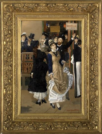 Pierre Carrier Belleuse (French, 1851-1933) captures the excitement of a night at a Montmartre dance hall in ‘La Piste du Bal, Quadrille Metra.’ The signed oil on panel is 23 1/4 inches by 15 3/4 inches. It carries at $35,000-$50,000 estimate.