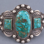 Three large Blue Gem Mine turquoise cabochons highlight this Navajo bracelet crafted circa 1940. It is from the Challis L. Thiessen Collection. Image courtesy of Arch Thiessen