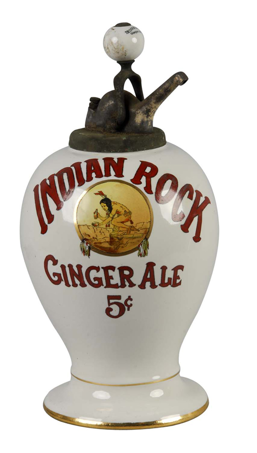 Indian Rock Ginger Ale porcelain soda fountain syrup dispenser with original pump, $11,500. Image courtesy Dan Morphy Auctions.