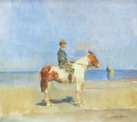 The framed oil on canvas titled Man on a Paint Horse by Isaac Israels (Dutch, 1865-1934) is expected to fetch $50,000 to $70,000. Image courtesy Clars Auction Gallery.