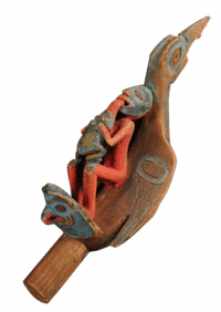 This raven rattle was made by Northwest Coast Indians in the 19th century. The carved and painted wooden rattle is 10 3/4 inches long. It sold for $9,480 at Skinner in Boston.
