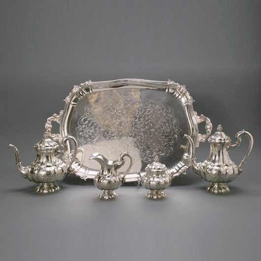Retailed by U. Bellini, Florece, Italy, this Italian 800 standard silver tea and coffee service from the 20th century has a $2,000-$2,500 estimate. Image courtesy of Michaan’s Auctions.