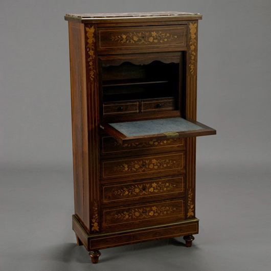 This Louis XV-style rosewood secretaire a abattant dates to the fourth quarter of the 19th century. Standing 52 1/2 inches tall, it has a $1,500-$2,000 estimate. Image courtesy of Michaan’s Auctions.