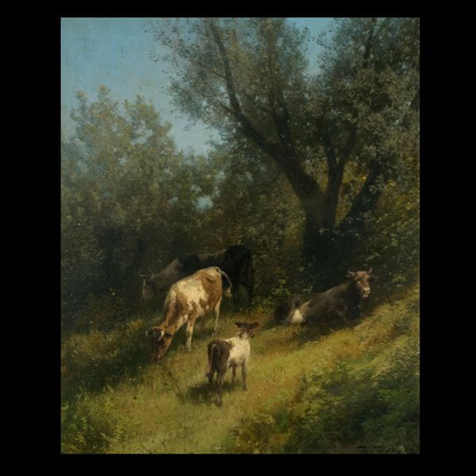 The canvas of this Hermann Ottomar Herzog painting has been relined. The 23- by 19-inch pastoral landscape is expected to sell for $6,000-$8,000. Image courtesy of Michaan’s Auctions.