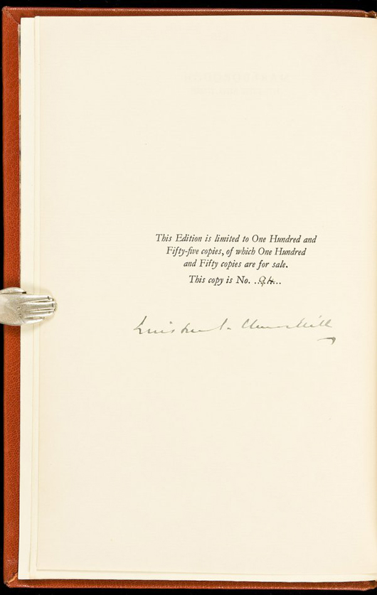 Winston Churchill signed his limited edition – 155 copies – of ‘Marlborough: His Life and Times.’ This set in original orange morocco lacks the cardboard slipcases, and slight wear is noted at the spine ends. The estimate is $12,000-$15,000. Image courtesy of PBA Galleries.