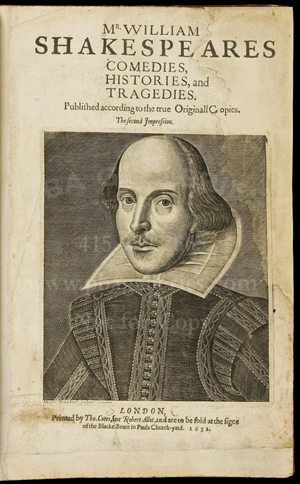 The Second Folio edition of ‘Mr. William Shakespeare’s Comedies, Histories, and Tragedies, published in 1632, is considered one of the landmarks of English literature. The well-known copy in PBA Galleries’ auction carries a $200,000-$300,000 estimate. Image courtesy of PBA Galleries.