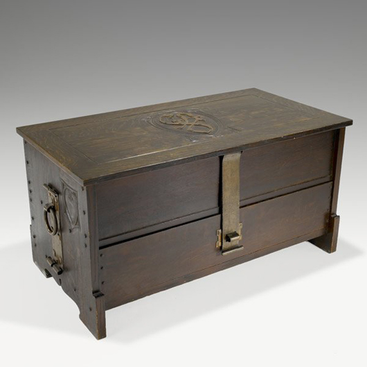 American furniture maker Charles Rohlfs designed this blanket chest in 1903. It sold for $32,940 in Rago’s Early 20th Century auction Jan. 16. It features three pullout trays over a lower drawer. Image courtesy of Rago Arts and Auction Center.