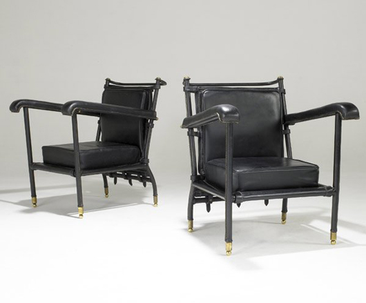 Jacques Adnet was another recognized name in Rago’s Mid Century Modern auction. This pair of his brass and leather lounge chairs sold for $19,520. Image courtesy of Rago Arts and Auction Center.