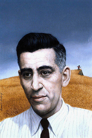 J. D. SALINGER by Robert Vickrey, tempera on board, 1961, Sight: 43.8 x 29.8cm (17 1/4 x 11 3/4"), Frame: 66.4 x 49.2 x 4.8cm (26 1/8 x 19 3/8 x 1 7/8"), National Portrait Gallery, Smithsonian Institution; gift of Time magazine. © Robert Vickrey/Licensed by VAGA, New York, NY NPG.78.TC723.