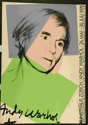 Andy Warhol (American 1928-1987) Self-portrait photo screenprint, 1978. Warhol signed approximately 100 of the prints at the opening of the exhibition at the Kunsthall in Zurich. Most were used as advertising/ Image courtesy LiveAuctioneers.com Archive and Creighton-Davis Gallery.