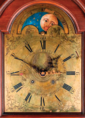 This highly important 1789 John Heilig (Philadelphia) clock created to honor the inauguration of President George Washington will be offered for sale at the Hunt Valley Antiques Show, Feb. 19-21 in Timonium, Maryland. Image courtesy of Baldwin House Antiques and Armacost Antiques Shows.