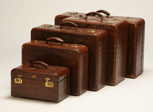 Hartmann Luggage of Milwaukee produced this five-piece set in genuine American crocodile leather as a special order in the mid-20th century. The set is expected to arrive at $10,000-$15,000. Image courtesy of Great Gatsby’s Antiques and Auctions.