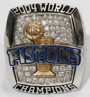 The Detroit Pistons basketball team upset the Los Angeles Lakers four games to one to win the NBA title in 2004. This official championship ring has a $4,000-$5,000 estimate. Image courtesy of DuMouchelles.