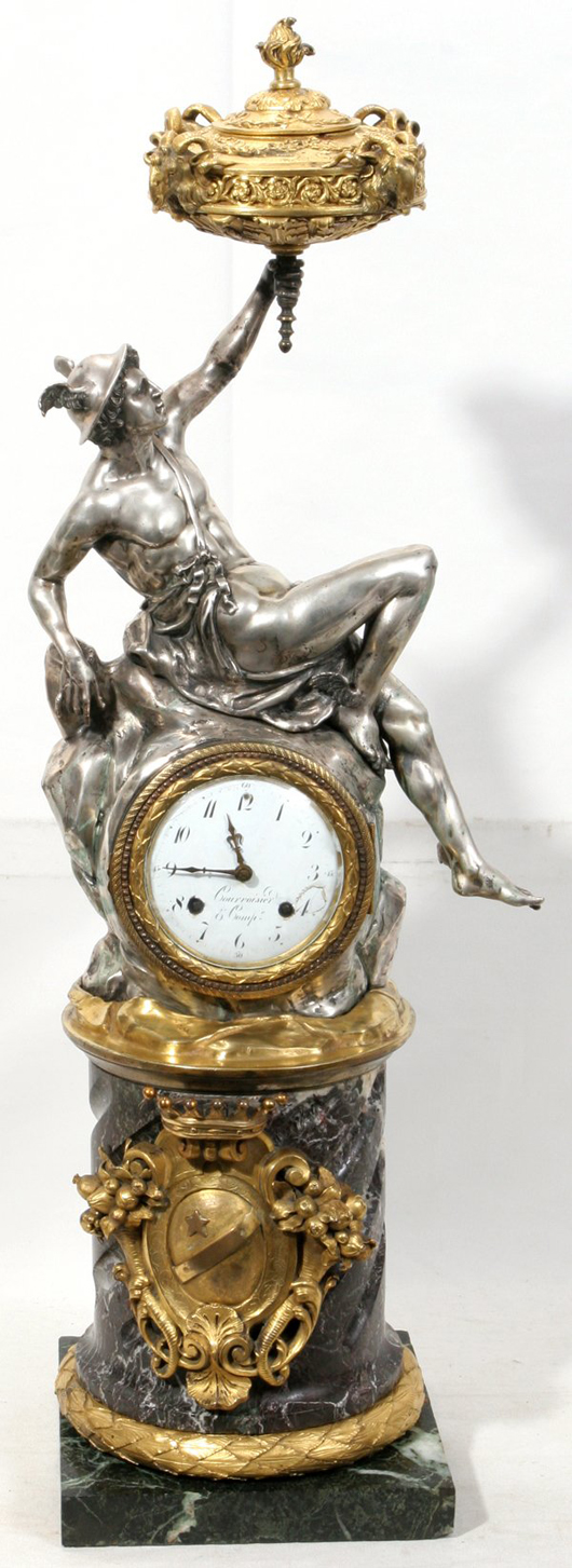 The enamel dial on this neoclassical French figural clock reads ‘Courvoisier & Comp.’ It stands 33 inches tall and has a $5,000-$7,000 estimate. Image courtesy of DuMouchelles.