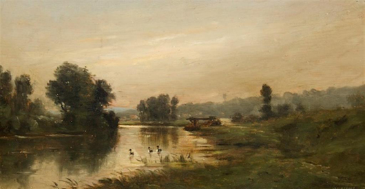 ‘River with Ducks’ is by William Hull (British, 1820-1880). The signed oil on canvas, 16 1/4 inches by 24 inches, carries a $800-1,200. Image courtesy of Leslie Hindman Auctioneers.