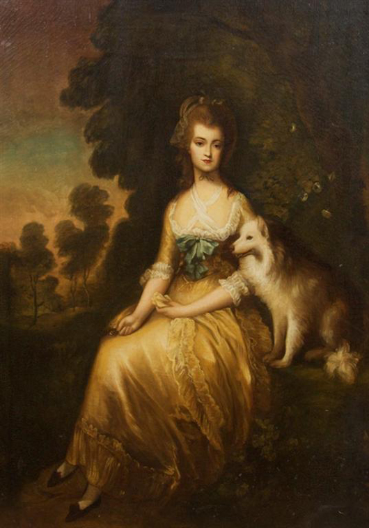 Titled ‘Lady and Lolly,’ this painting of a well-dressed lady and her companion is after a portrait by 18th-century English artist Thomas Gainsborough. The oil on canvas laid to board, 39 inches by 28 inches, has an $800-$1,200 estimate. Image courtesy of Leslie Hindman Auctioneers.