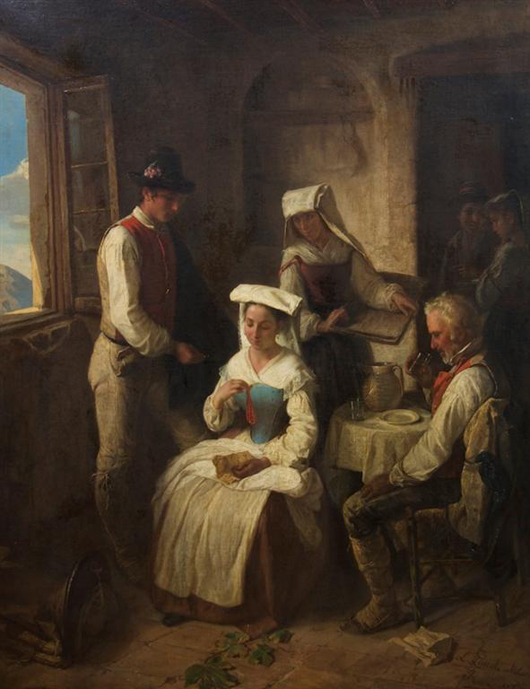 Luigi Zuccoli (Italian, 1815-1876) signed his ‘Afternoon Retreat’ lower right. The 39 1/2- by 31-inch oil on canvas has a $2,000-$4,000 estimate. Image courtesy of Leslie Hindman Auctioneers.