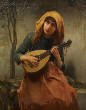 Constant Mayer (French/American, 1832-1911) painted ‘The Mandolin Player’ in oil on canvas, 29 1/2 inches by 23 1/2 inches. The painting, which comes from a private Chicago collection, has a $4,000-$2,000 estimate. Image courtesy of Leslie Hindman Auctioneers.