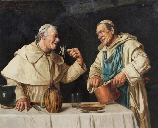 ‘Chef of the Monastery’ by A. Tamburini (Italian, 1843-1908) is signed and inscribed ‘Florence’ at upper right. The 17 1/2- by 21 1/2-inch oil on canvas has an $800-$1,200 estimate. Image courtesy of Leslie Hindman Auctioneers.